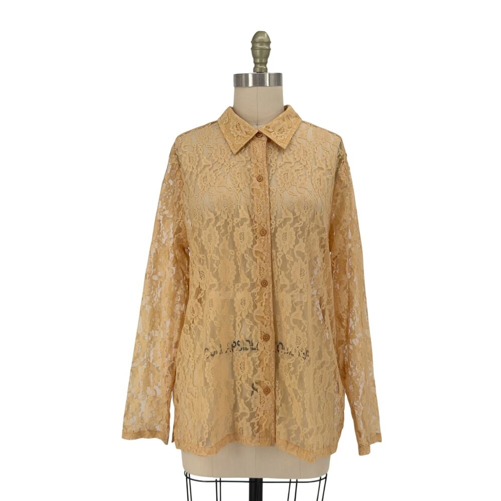 Vintage CW Classics Floral Lace Button-Up Shirt size XL Sheer Antique Beige - Picture 16 of 16